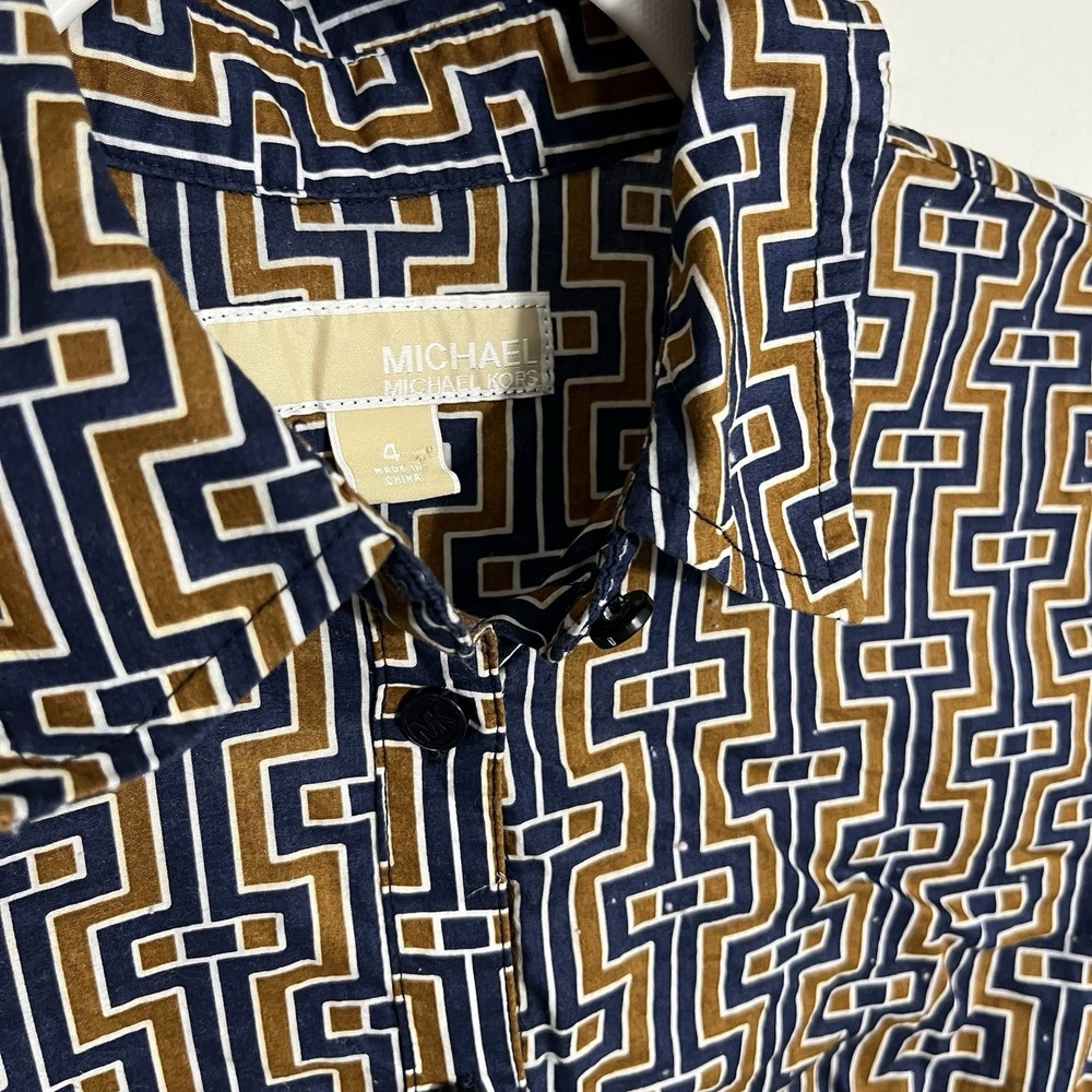 Michael Kors Button-Up Blouse Women Size 4 Blue Gold Geometric Retro Cotton